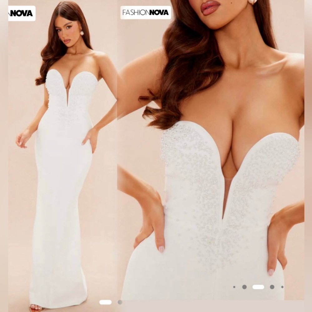 NWT Fashion Nova LUXE With Love Bandage Maxi Dress Gown with Pearls - Off White